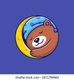 Cute Bear Sleeping On Moon Cartoon Vector Icon Illustration. Animal Love Icon Concept Isolated Premium Vector. Flat Cartoon Style