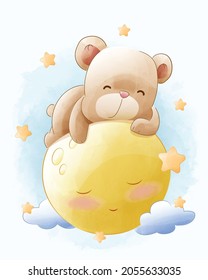 lindo oso durmiendo sobre la luna dibujos animados acuarela estilo