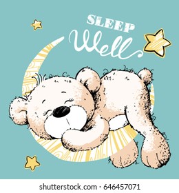 cute bear sleeping on the moon,character design/fashion graphic, T-shirt graphics