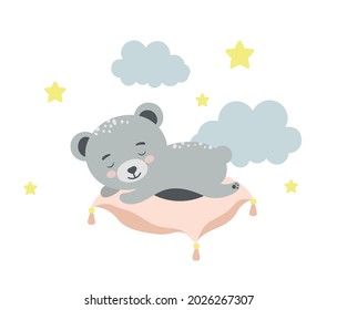 Cute Bear sleeping on the pillow. Baby animal concept illustration for nursery, character for children.