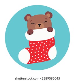 Cute bear sleeps in a Christmas stocking. Happy Holidays. Winter animal. Vector illustration.