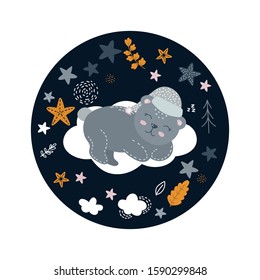 Cute bear sleeps on the cloud, nursery design, vector illustration