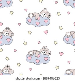 Cute bear sleeps on a cloud. Hearts and stars. Seamless pattern Vector illustration.