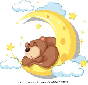 A cute bear sleeps on a crescent moon