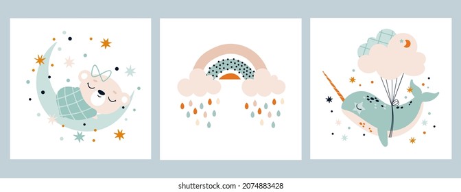 A cute bear sleeps on the moon. A narwhal flying on clouds. A set of postcards for the nursery. Fairytale vector illustrations
