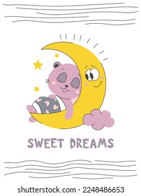 Cute bear sleeps on the moon. Sweet dreams. Vector line art illustration of animal for greeting card, invitation, print