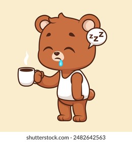 Lindo oso dormilón sosteniendo café ilustración de Vector de dibujos animados. Concepto de icono de bebida animal Vector Premium aislado. Estilo plano de dibujos animados