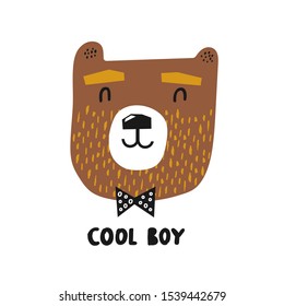 Cute bear and slogan cool boy. Can be used for shirt design, fashion print design, kids wear, textile design, greeting card, invitation card.