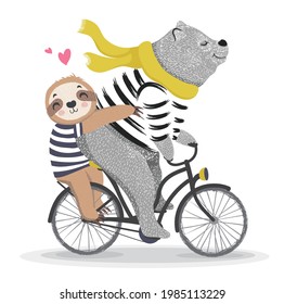 Cute bear and sloth with bicycle. Circus show illustration. T-shirt graphics. Animals on vintage bikes. Cartoon character for children. Prints, greeting cards, textile artworks. Fun zoo characters.