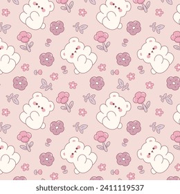 Cute bear with small flower pastel seamless pattern kawaii wallpaper