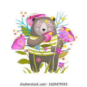 Cute bear smelling flower flat vector illustration. Adorable forest animal with flowers flat vector illustration. Dreamy teddy enjoying aromatic plant. Cartoon brown grizzly holding poppy.