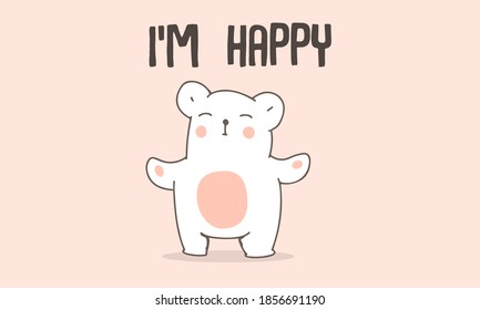 The cute bear smiles and tries to hug. Holiday card with cute character isolated on pink background. Hand-drawn vector illustration for print