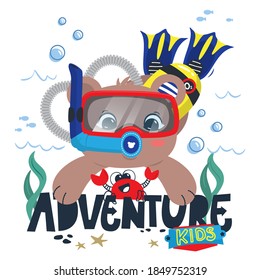 Cute bear in snorkel mask diving in the sea with crab isolated on white background illustration vector.