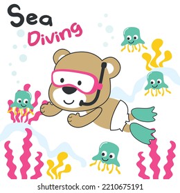 Oso lindo con máscara de tubo buceando en el mar aislado en el fondo blanco vector de ilustración adecuado para pegatinas y camisetas niños bebé, diseño de impresión de camisetas, diseño gráfico de moda y otra decoración.