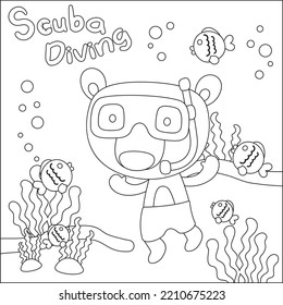 Cute bear in snorkel mask diving in the sea isolated on white background illustration vector. Childish design for kids activity colouring book or page.