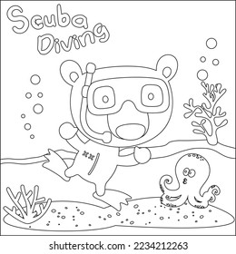 Cute bear in snorkel mask diving in the sea isolated on white background illustration vector. Childish design for kids activity colouring book or page.