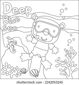 Cute bear in snorkel mask diving in the sea isolated on white background illustration vector. Childish design for kids activity colouring book or page.