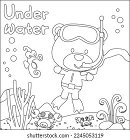 Cute bear in snorkel mask diving in the sea isolated on white background illustration vector. Childish design for kids activity colouring book or page.