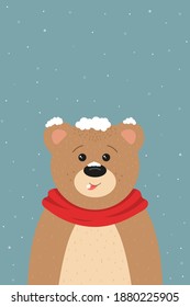 A cute bear in the snow catches a snowflake with his tongue. Blue background with snow. ,Perfect for postcards poster, birthday, baby book, children room and etc. Vector illustration.
