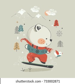 Cute Bear snowboarding.hand drawn vector illustration,Can be used for baby t-shirt print, fashion print design, kids wear, shower celebration greeting and invitation card.