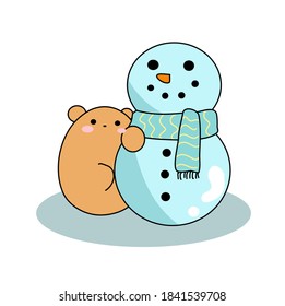 Oso lindo con un lindo muñeco de nieve