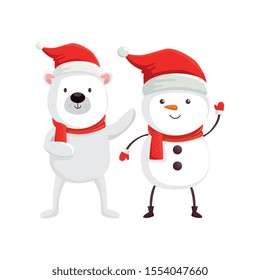 cute bear and snowman characters merry christmas vector illustration design