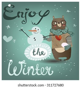 cute bear with snowman and hand drawn lettering design