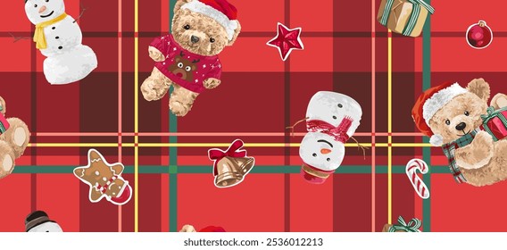 cute bear and snowman on plaid seamless pattern