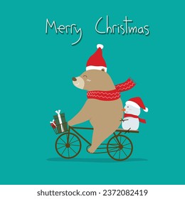 Cute bear and snowman riding a bicycle with Christmas gift box in the basket. Vector illustration on dark blue background for Merry Christmas concept