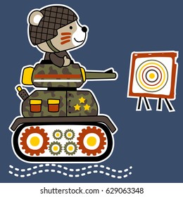 Cute bear in soldier uniform driving armored vehicle, vector cartoon illustration