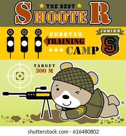 Cute bear in soldier uniform with gun, military element, vector cartoon illustration