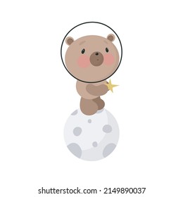 Cute Bear in the space. Cartoon style. Vector illustration. For kids stuff, card, posters, banners, children books, printing on the pack, printing on clothes, fabric, wallpaper, textile or dishes.