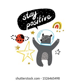 Cute bear in a space helmet on the space background. Good for cards, posters, banners and other graphic and web design. Childish design.