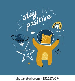 Cute bear in a space helmet on the space background. Vector illustration on the space theme in childish style. Childish design.