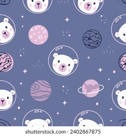 Cute bear in space, kids seamless pattern. Cartoon animal background. Design for kids clothes, t-shirts, wrapping, fabric, textiles, wallpaper, wrapping and more. Vector illustration