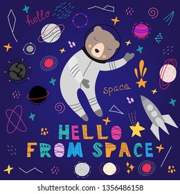 Cute bear in space vector print, spaceships, planets and stars. Hand drawn vector illustration. Design for  cards, posters, cards, t-shirts, book, textile.