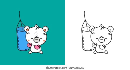 Cute Bear Sportsman Clipart Illustration And Black And White. Funny Polar Bear Athlete. Vector Illustration Of A Kawaii Animal For Coloring Pages, Stickers, Baby Shower, Prints For Clothes.
