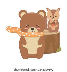 cute bear and squirrel with acorn animal forest hello autumn vector illustration