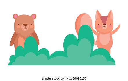 cute bear and squirrel foliage bush nature cartoon vector illustration