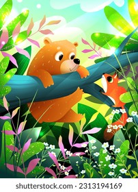 Cute Bear and Squirrel in Green Forest illustration for Kids. Summertime and animals characters in nature woods, colorful greeting card for children. Vibrant vector illustration in watercolor style.