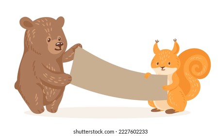 Cute bear and squirrel holding poster vector illustration. Cartoon illustration of bear and squirrel holding blank placard with their paws isolated on white background. Animals, advertisement concept