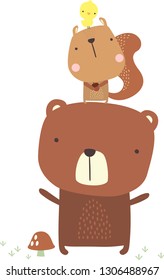 cute bear and squirrel illustration with little bird. hand drawn style. can be used for nursery decoration, baby and kids wear, fashion print design