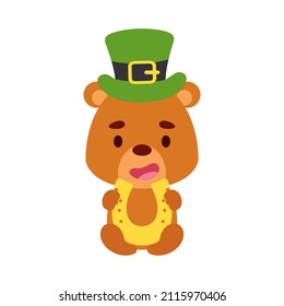 Cute bear St. Patrick's Day leprechaun hat holds horseshoe. Irish holiday folklore theme. Cartoon design for cards, decor, shirt, invitation. Vector stock illustration.