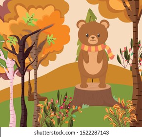 cute bear standing on trunk forest hello autumn vector illustration