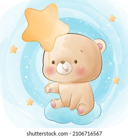 Oso lindo con globo estrella para impresión y ducha de bebé