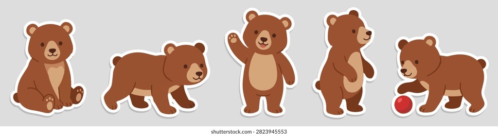 Cute bear sticker set. Cartoon bear in different poses. Vector illustration.