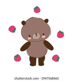 Oso lindo con fresas dibujadas a mano ilustración vectorial osito de peluche niños diseño de tendencia impresión