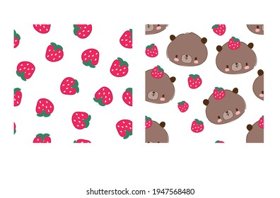 Cute bear with strawberries hand drawn vector illustration teddy bear seamless pattern kids trend design print