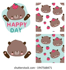 Oso lindo con fresas dibujado a mano ilustración vectorial osito de peluche patrón sin fisuras niños diseño de tendencia impresión