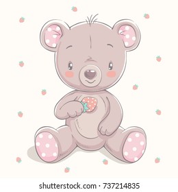 Cute bear with a strawberry cartoon hand drawn vector illustration. Can be used for t-shirt print, kids wear fashion design, baby shower invitation card.